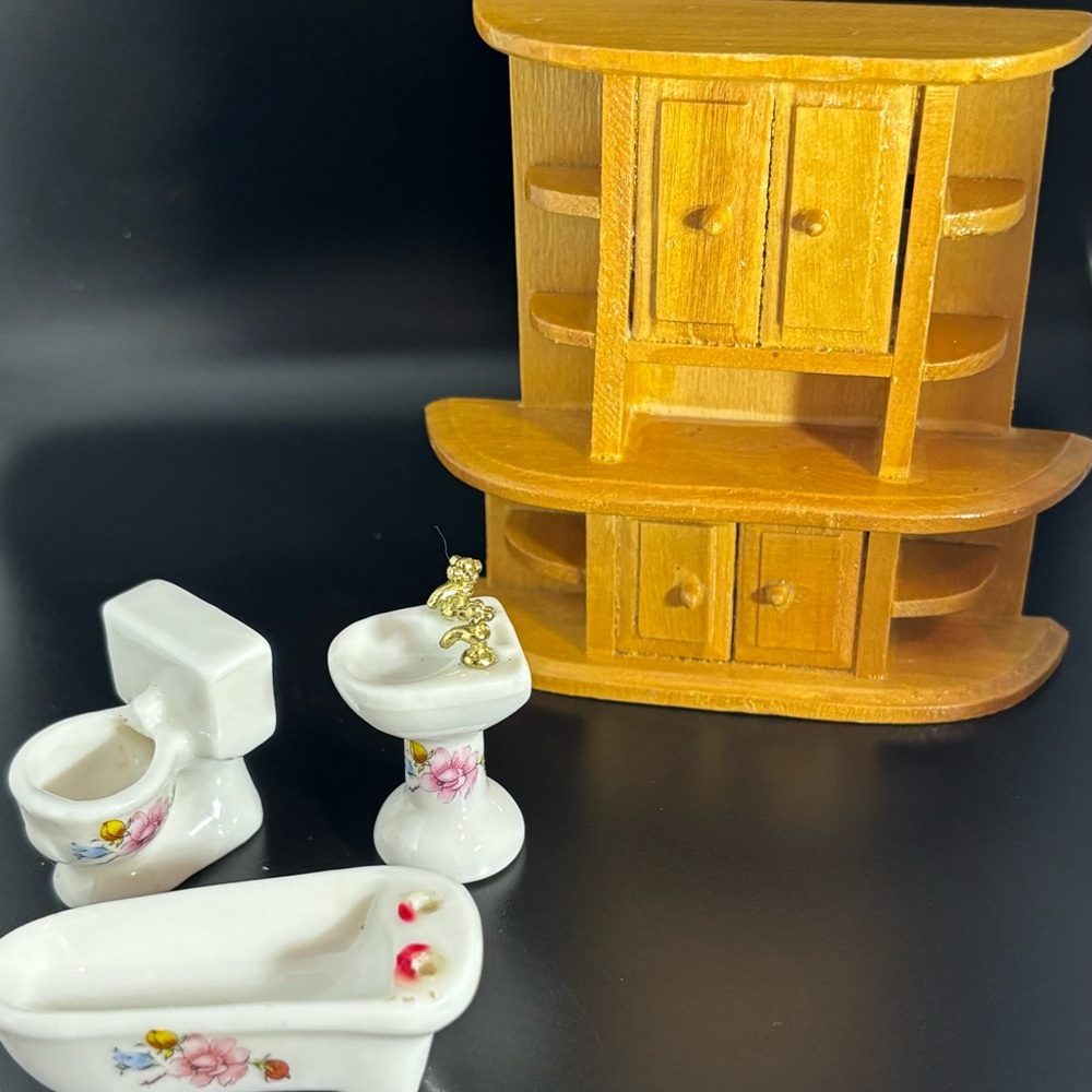 Vintage Dollhouse Porcelain Floral Bathroom Set Wood Cabinet-read description